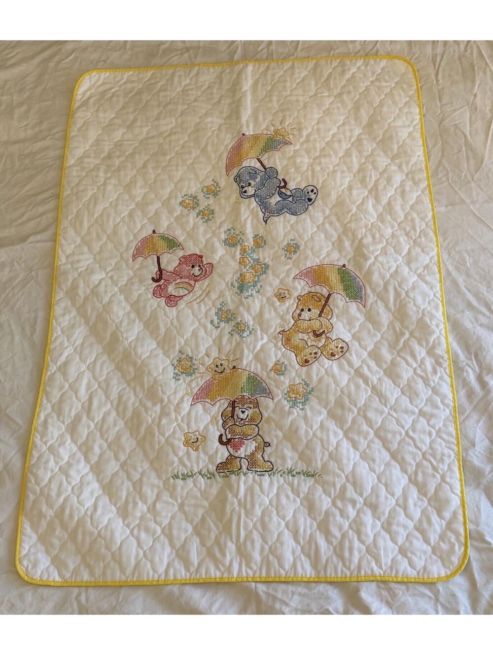 VTG 1980s Care Bears Baby Quilt Blanket American Greetings Crosstich EUC